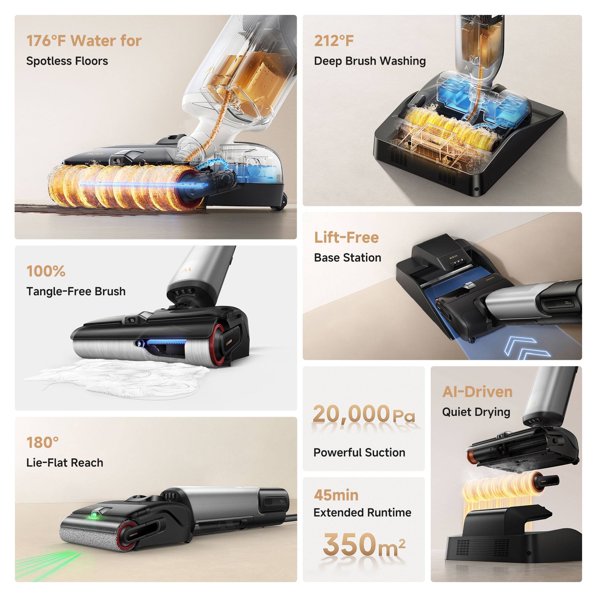 176°F Water for Spotless Floors  
212°F Deep Brush Washing  
100% Tangle-Free Brush  
Lift-Free Base Station  
180° Lie-Flat Reach  
20,000 Pa Powerful Suction  
AI-Driven Quiet Drying  
45min Extended Runtime  
350m²