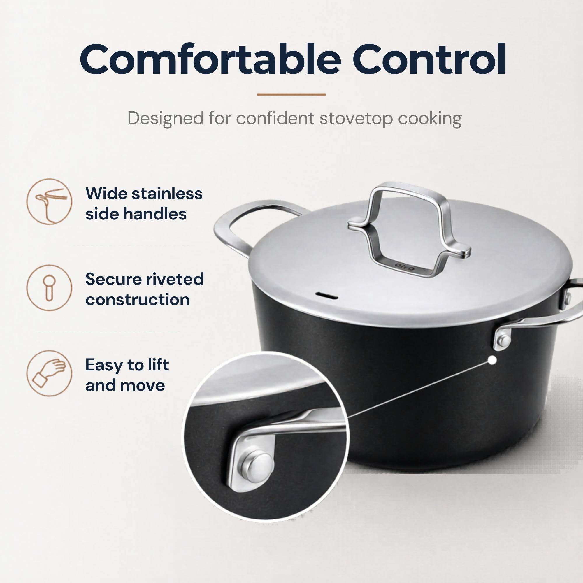 Comfortable Control  
Designed for confident stovetop cooking  
Wide stainless side handles  
Secure riveted construction  
Easy to lift and move