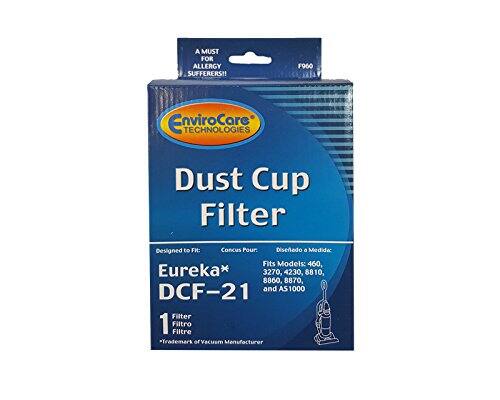 A MUST FOR ALLERGY SUFFERERS!!  
F960 EnviroCore TECHNOLOGIES Dust Cup Filter  
Designed to Fit: Eureka DCF-21  
Fits Models: 460, Eureka 3270, 4230, 8810, 8860, 8870, DCF-21 and AS 1000  
1 Filter  
Trademark of Vacuum Manufacturer