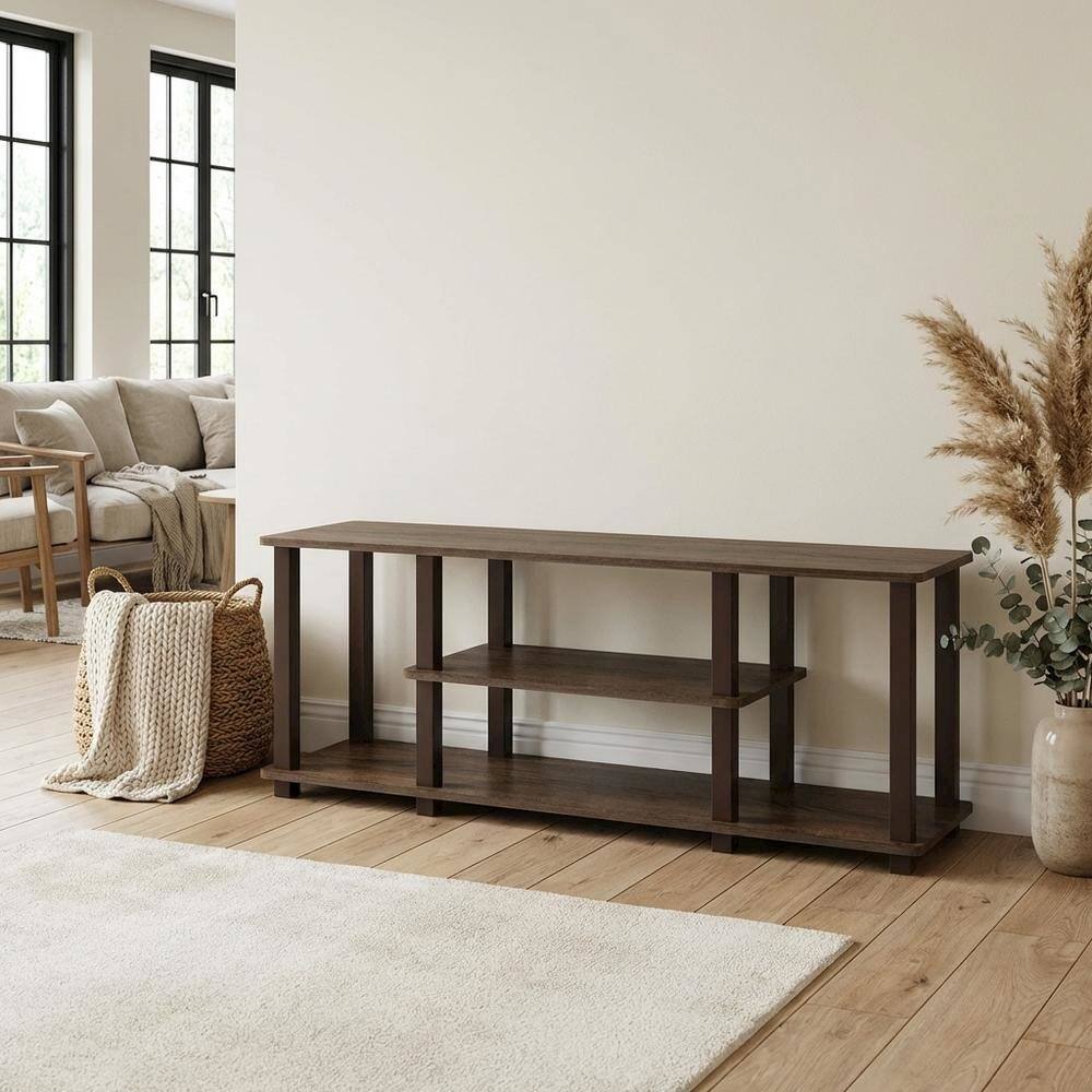 Alt View 2. FurniFact - Walnut Brown 3-Tier TV Stand with Modern Wood Finish and Square Tube Design - Brown.