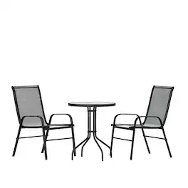 Emma + Oliver - Three Piece Patio Table Set with Round Metal Frame Table with Tempered Glass Top and Two Flex Comfort Stacking Chairs - Black
