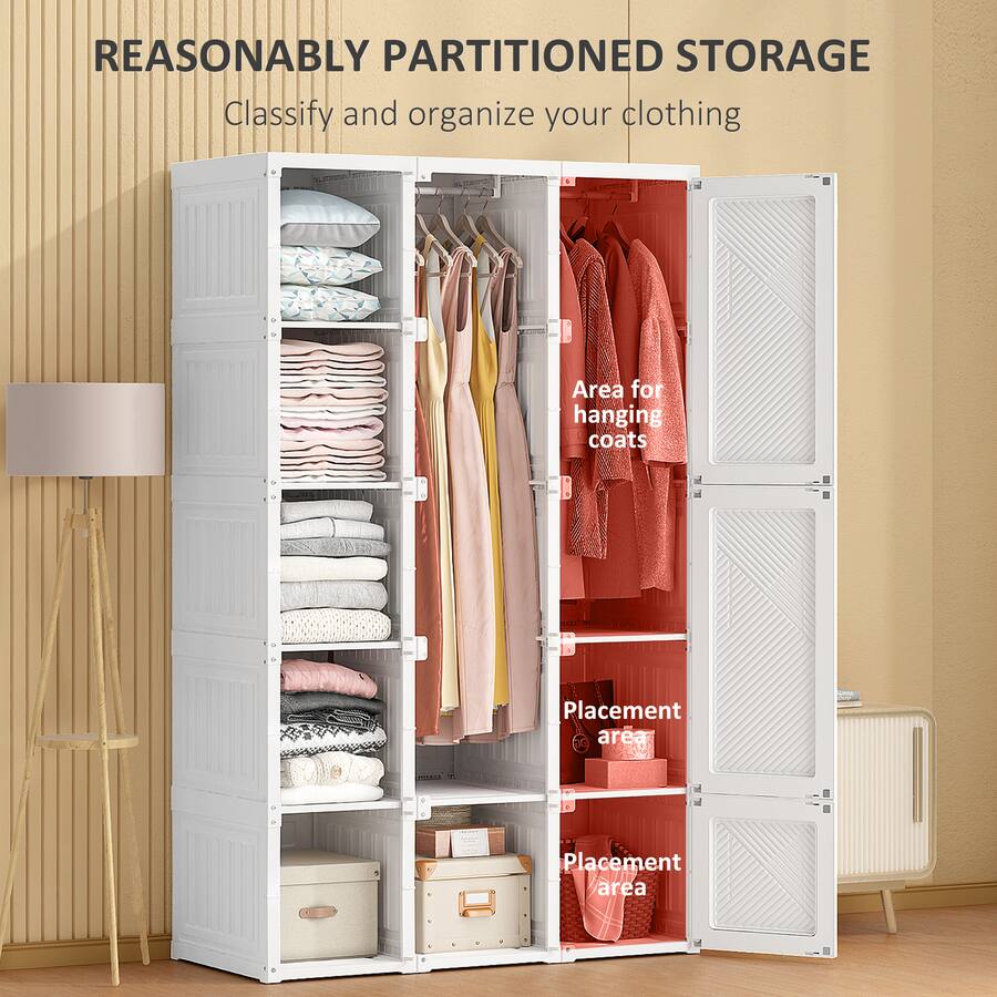 Homcom Portable Wardrobe Closet: Folding w/8 Cubes+2 Hanging Rods White ...