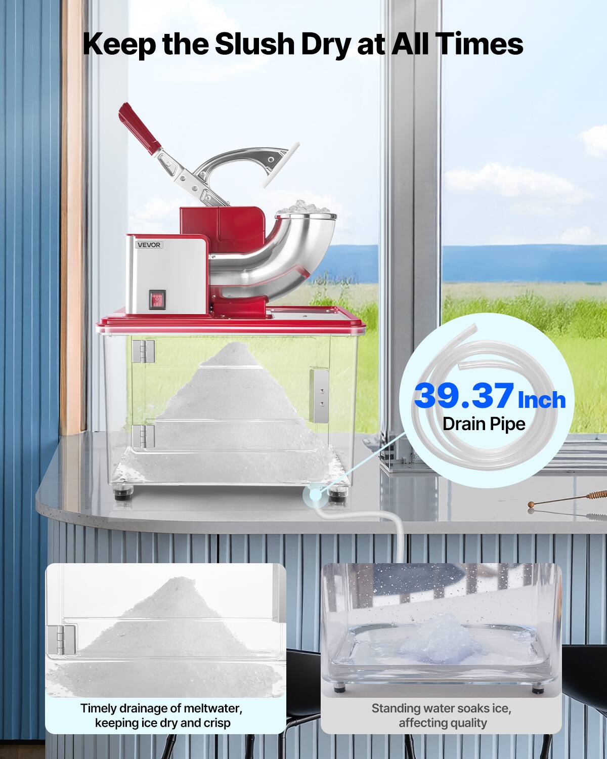 Keep the Slush Dry at All Times, VEVOR 39.37 Inch Drain Pipe, Timely drainage of meltwater, keeping ice dry and crisp, Standing water soaks ice, affecting quality