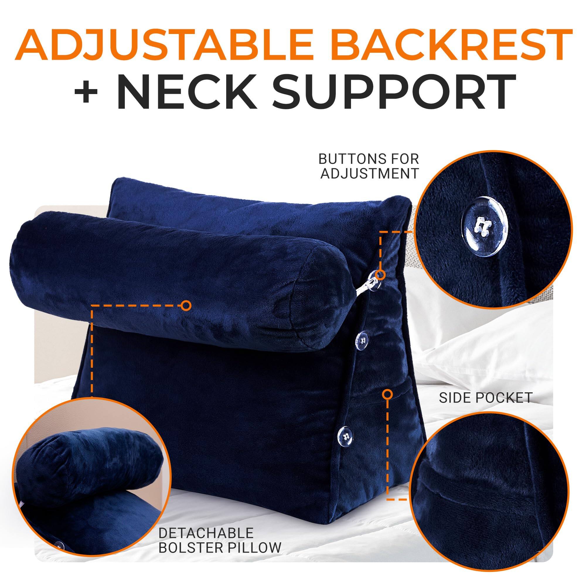 ADJUSTABLE BACKREST + NECK SUPPORT  
BUTTONS FOR ADJUSTMENT  
SIDE POCKET  
DETACHABLE BOLSTER PILLOW