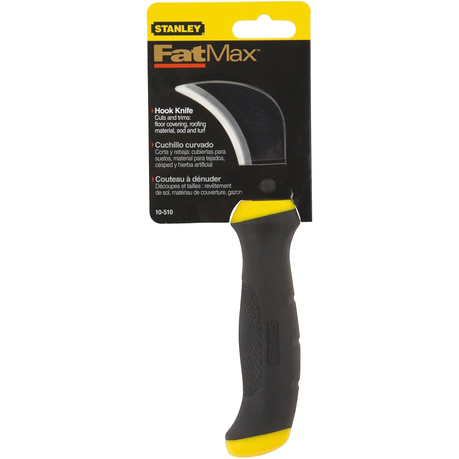 STANLEY FatMax Hook Knife Cuts and trims: floor covering, roofing material, sod and turf  
Cuchillo curvado Corta y rebaja: cubiertas para suelos, material para tejados, césped y hierba artificial  
Couteau à d'enduire Découpe et taille: revêtement de sol, matériau de couverture, gazon  
10-510 STANLEY