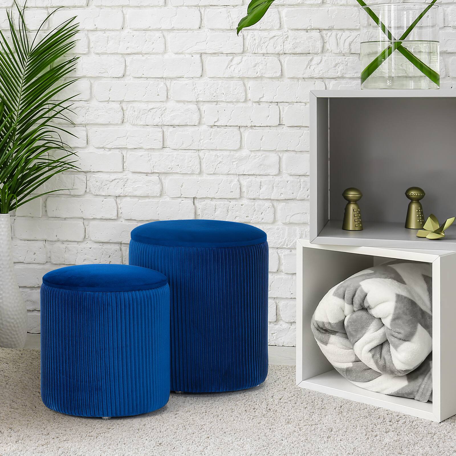Alt View 2. Oumilen - 2 Pack Navy Blue Velvet Round Storage Ottomans – Large & Small Flip Wooden Lid Foot Stool Set for Living Room - Blue.