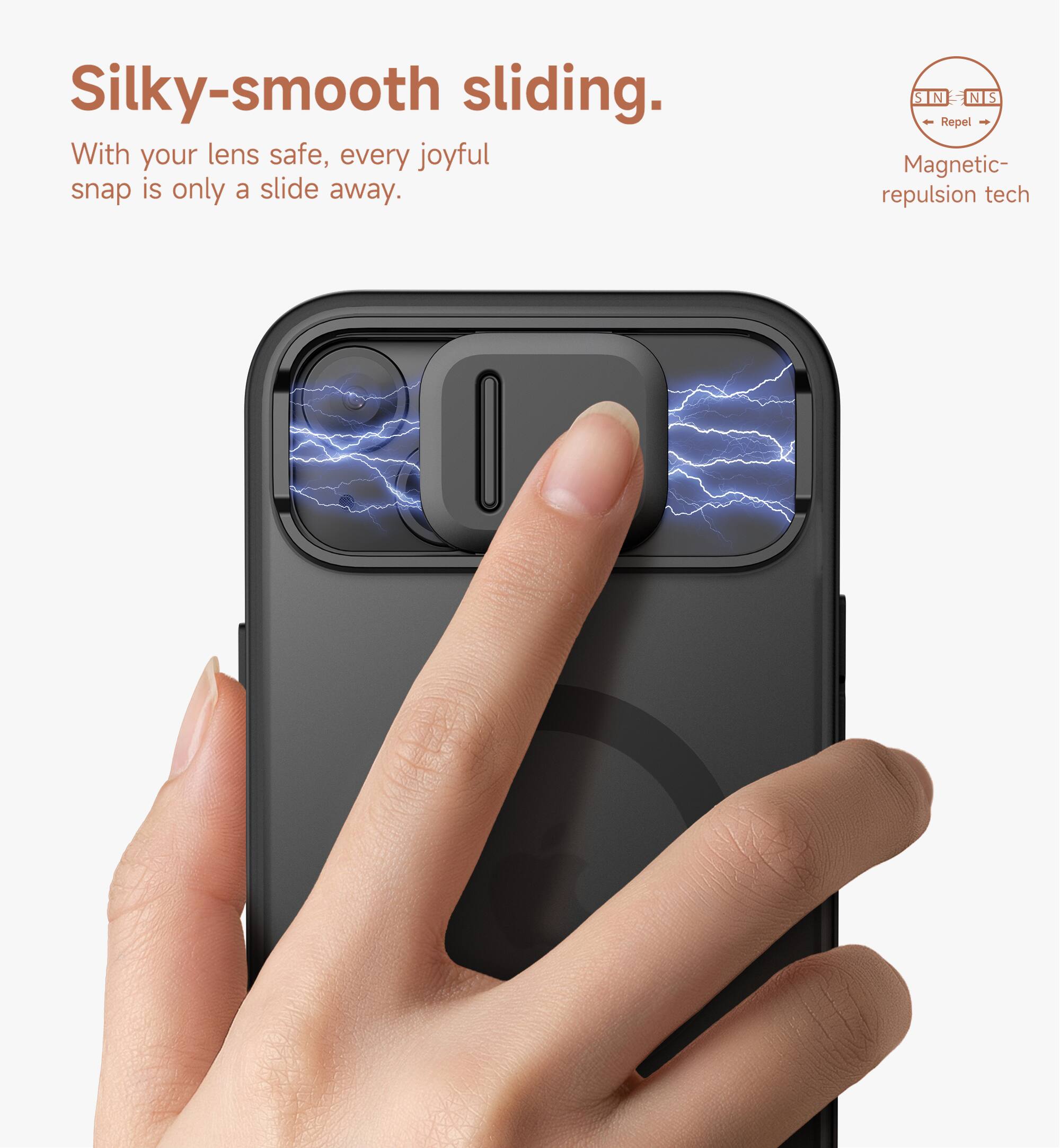 Silky-smooth sliding.  
With your lens safe, every joyful snap is only a slide away.  
SIN NIS  
Repel - Magnetic repulsion tech