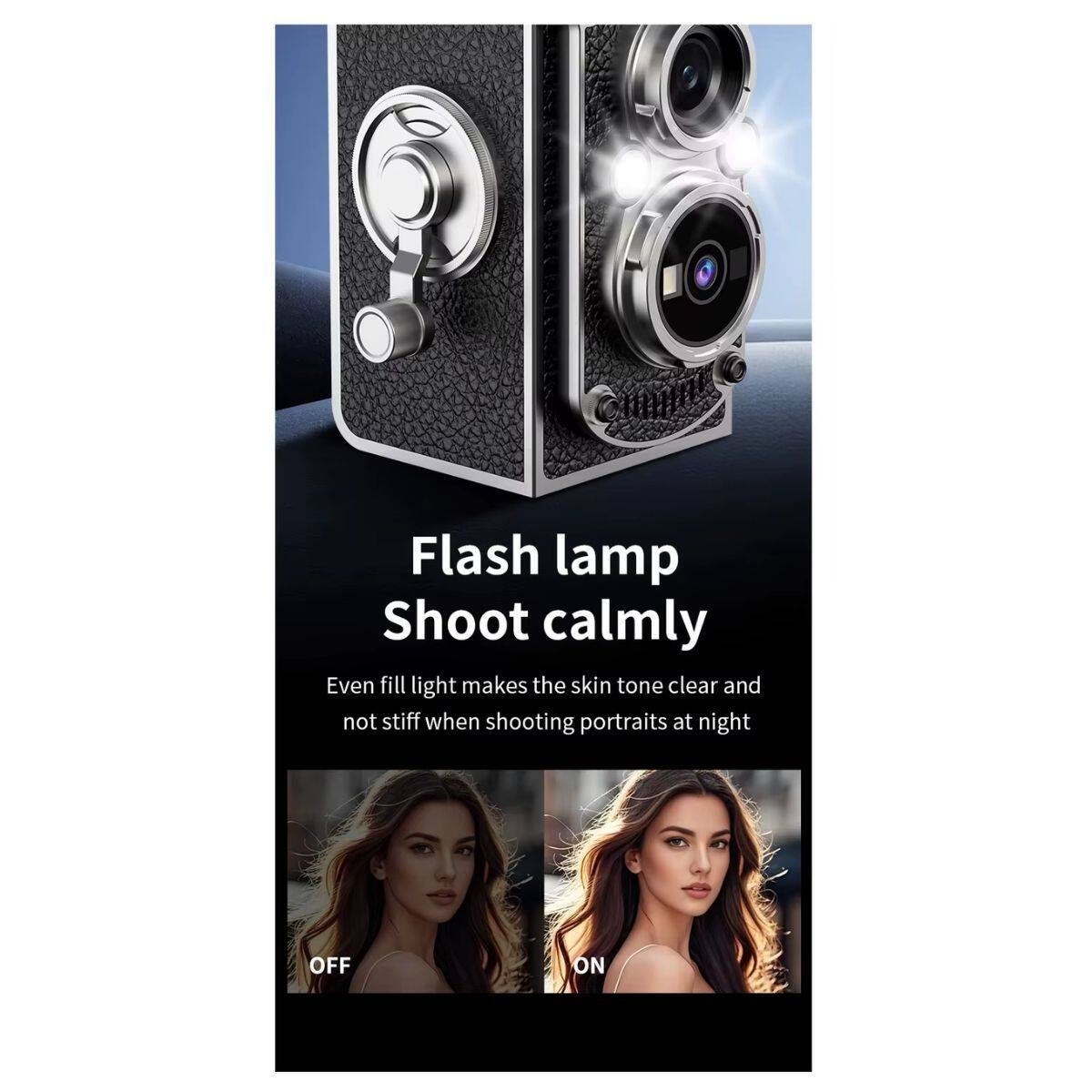 Flash lamp Shoot calmly  
Even fill light makes the skin tone clear and not stiff when shooting portraits at night  
OFF  
ON