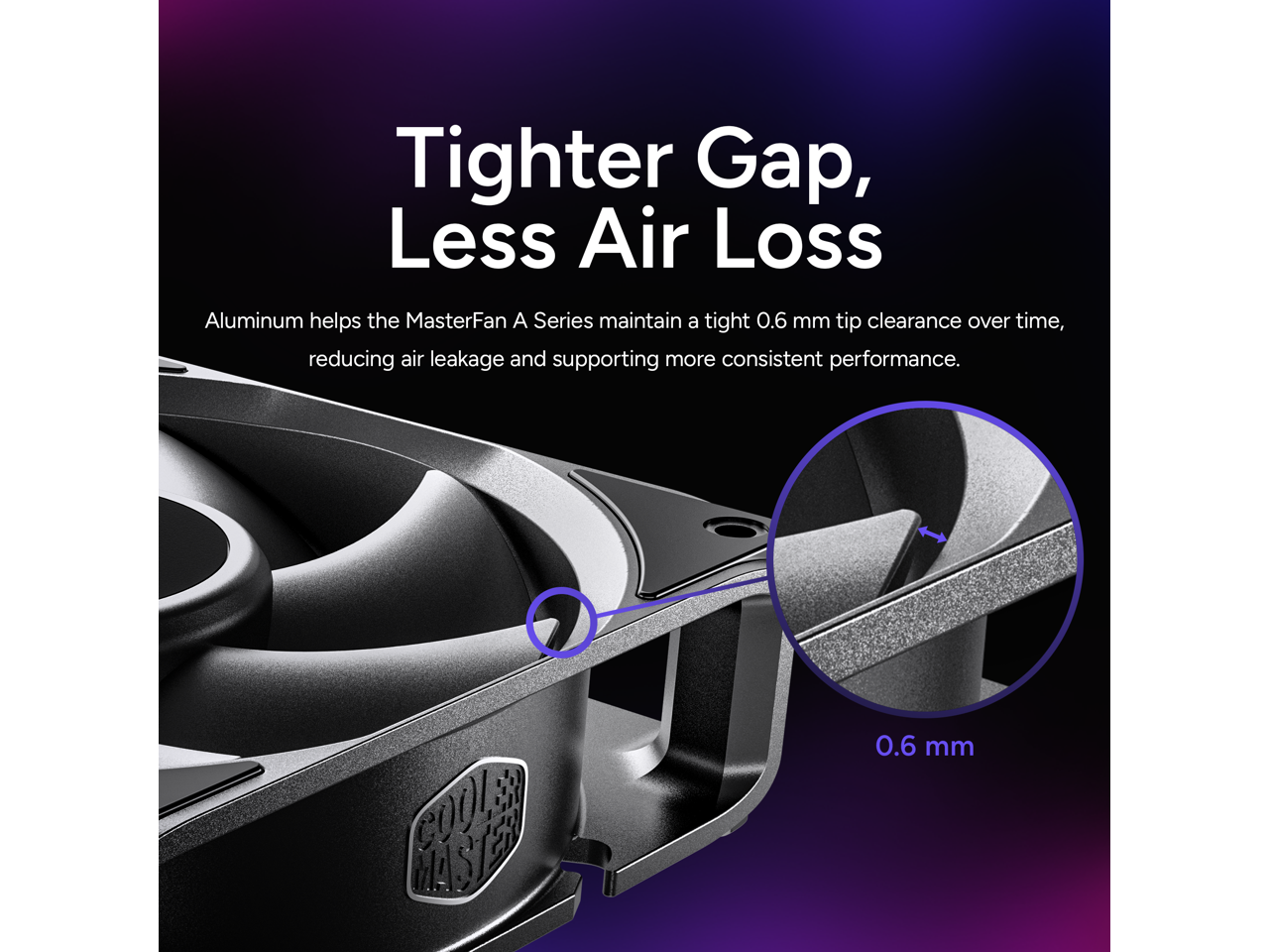 Tighter Gap, Less Air Loss

Aluminum helps the MasterFan A Series maintain a tight 0.6 mm tip clearance over time, reducing air leakage and supporting more consistent performance.

0.6 mm