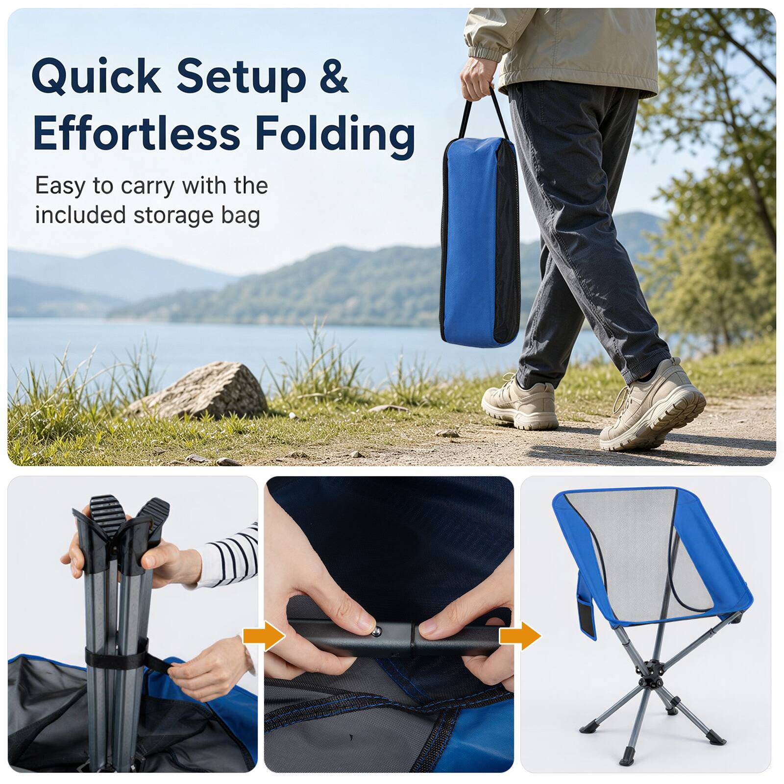 Quick Setup & Effortless Folding  
Easy to carry with the included storage bag