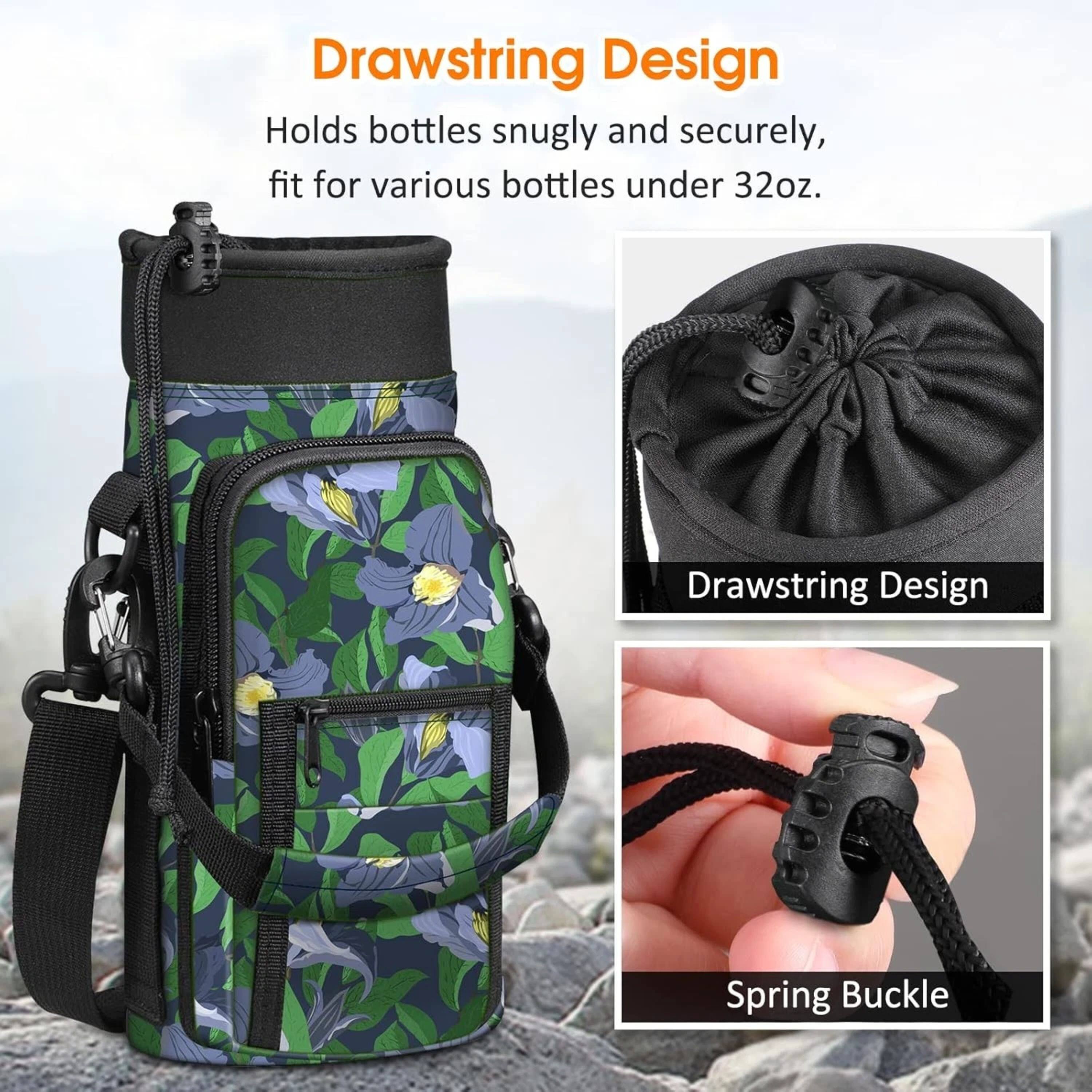 Drawstring Design  
Holds bottles snugly and securely, fit for various bottles under 32oz.  
Drawstring Design  
Spring Buckle