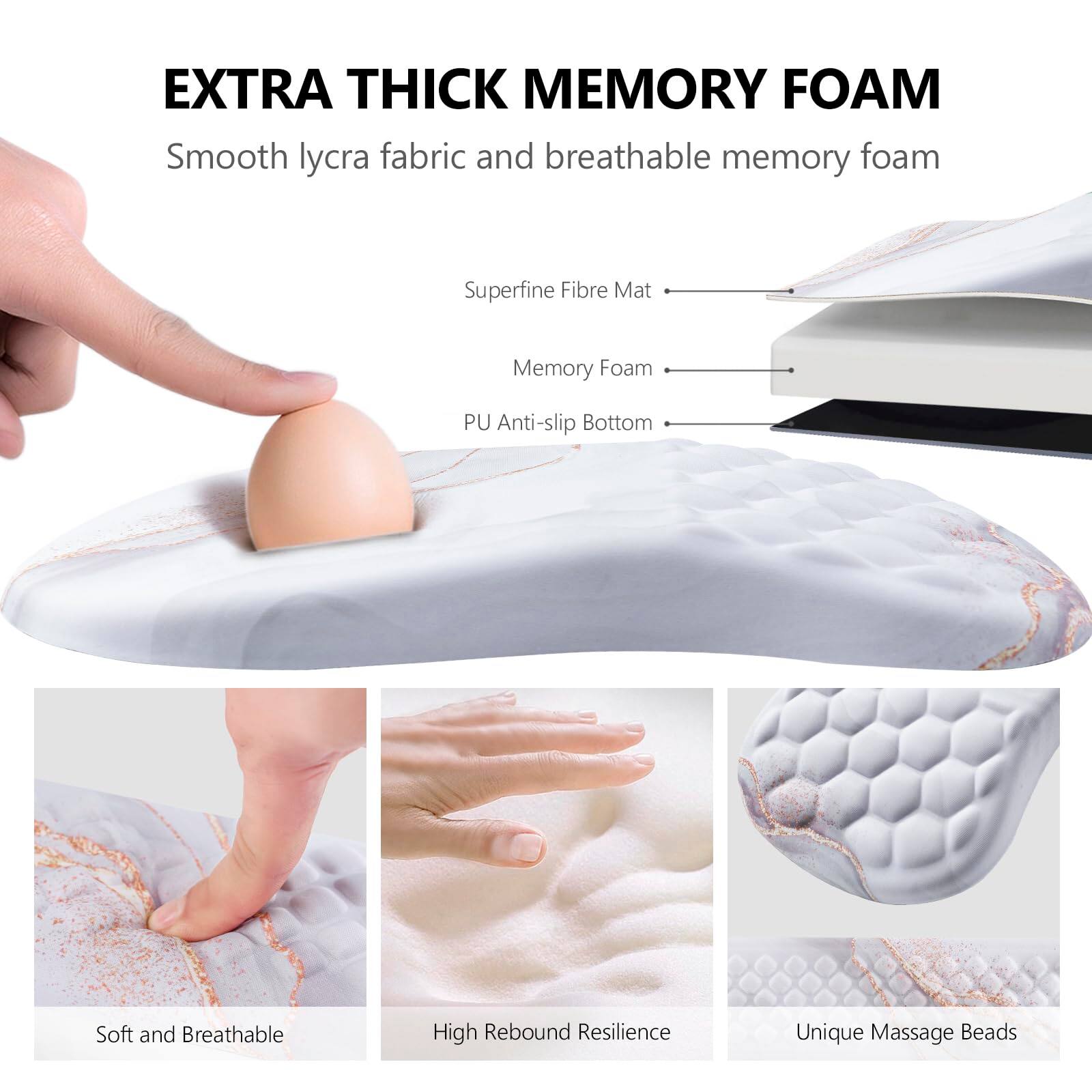 **EXTRA THICK MEMORY FOAM**

Smooth lycra fabric and breathable memory foam

- Superfine Fibre Mat
- Memory Foam
- PU Anti-slip Bottom

- Soft and Breathable
- High Rebound Resilience
- Unique Massage Beads