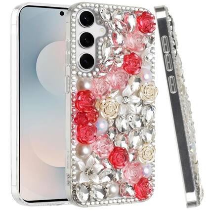 Front. Kitcheniva - Rhinestone 3D Rose Bling Cover Plus Tempered Glass For Samsung S25 FE Red - Red.