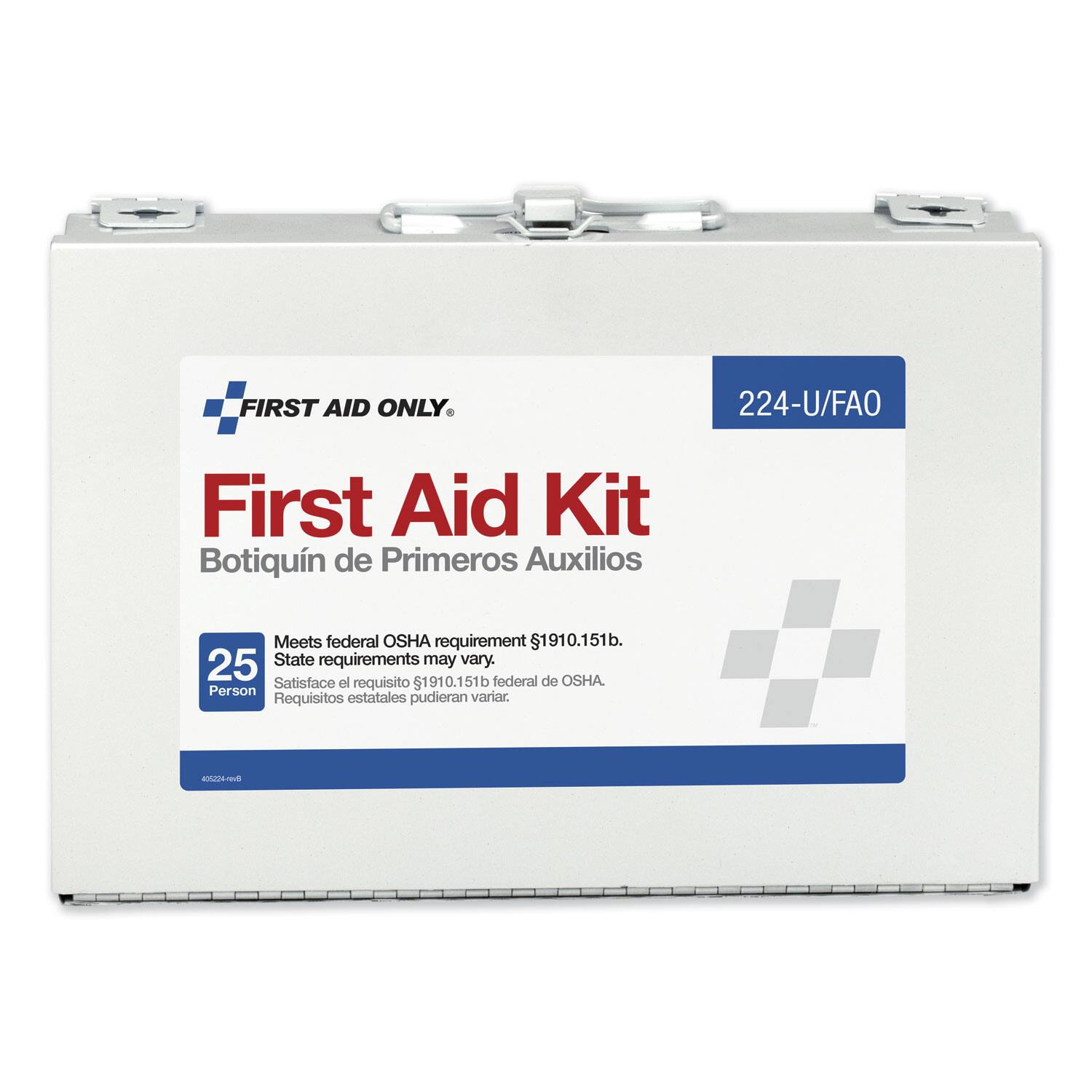 FIRST AID ONLY  
224-U/FAO  
First Aid Kit  
Botiquín de Primeros Auxilios  

Meets federal OSHA requirement $1910.151b.  
State requirements may vary.  
Satisface el requisito 1910.151b federal de OSHA.  
Requisitos estatales pudieran variar.  

25 Person
