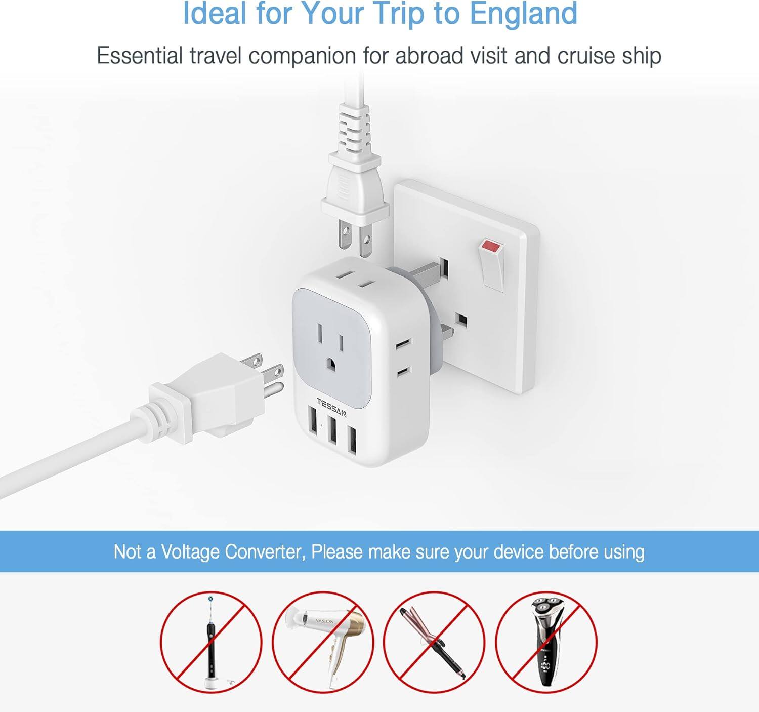 Ideal for Your Trip to England  
Essential travel companion for abroad visit and cruise ship  

Not a Voltage Converter, Please make sure your device before using