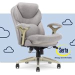 The image features a Serta chair with a comfortable design and a blue background. The chair is positioned in front of a cloudy sky, which adds a sense of relaxation and tranquility to the scene. The Serta brand is known for its comfortable and high-quality mattresses, and the chair in the image is no exception. The chair's design and the blue background create a visually appealing and inviting atmosphere, making it an ideal space for relaxation and rest.
