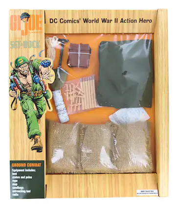 DC Comics' World War II Action Hero
by HASBRO
G.I. JOE
Featuring
SGT. ROCK
GROUND COMBAT
Equipment includes:
- tent stakes and poles
- rope
- map
- sandbags
- entrenching tool
- radio
ADULT COLLECTIBLE
NOT FOR CHILDREN UNDER 3 YEARS