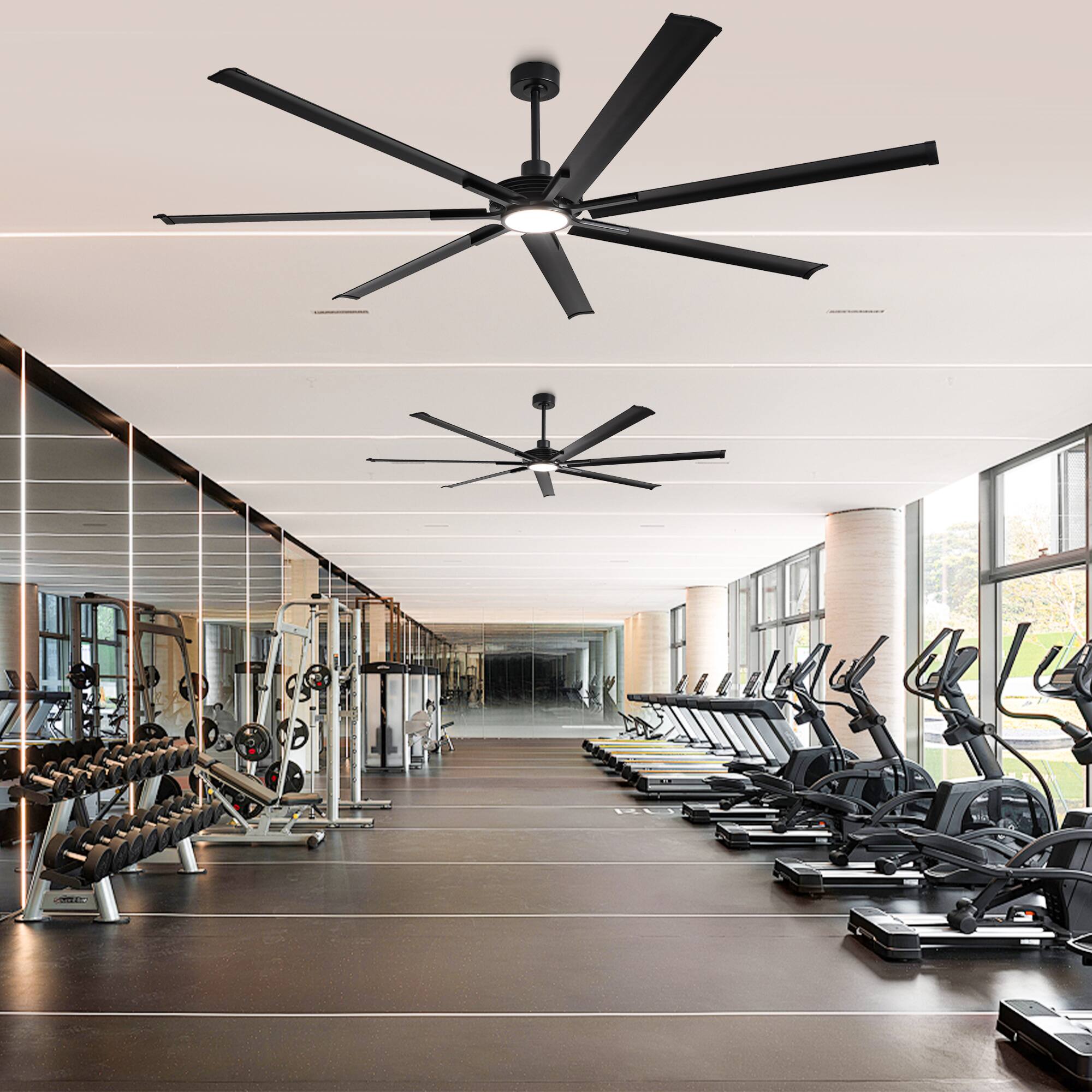 Back. Parrot Uncle - 100-inch Indoor/Outdoor Industrial Integrated LED Large Ceiling Fan with Light and 7 Aluminum Blades - Black.