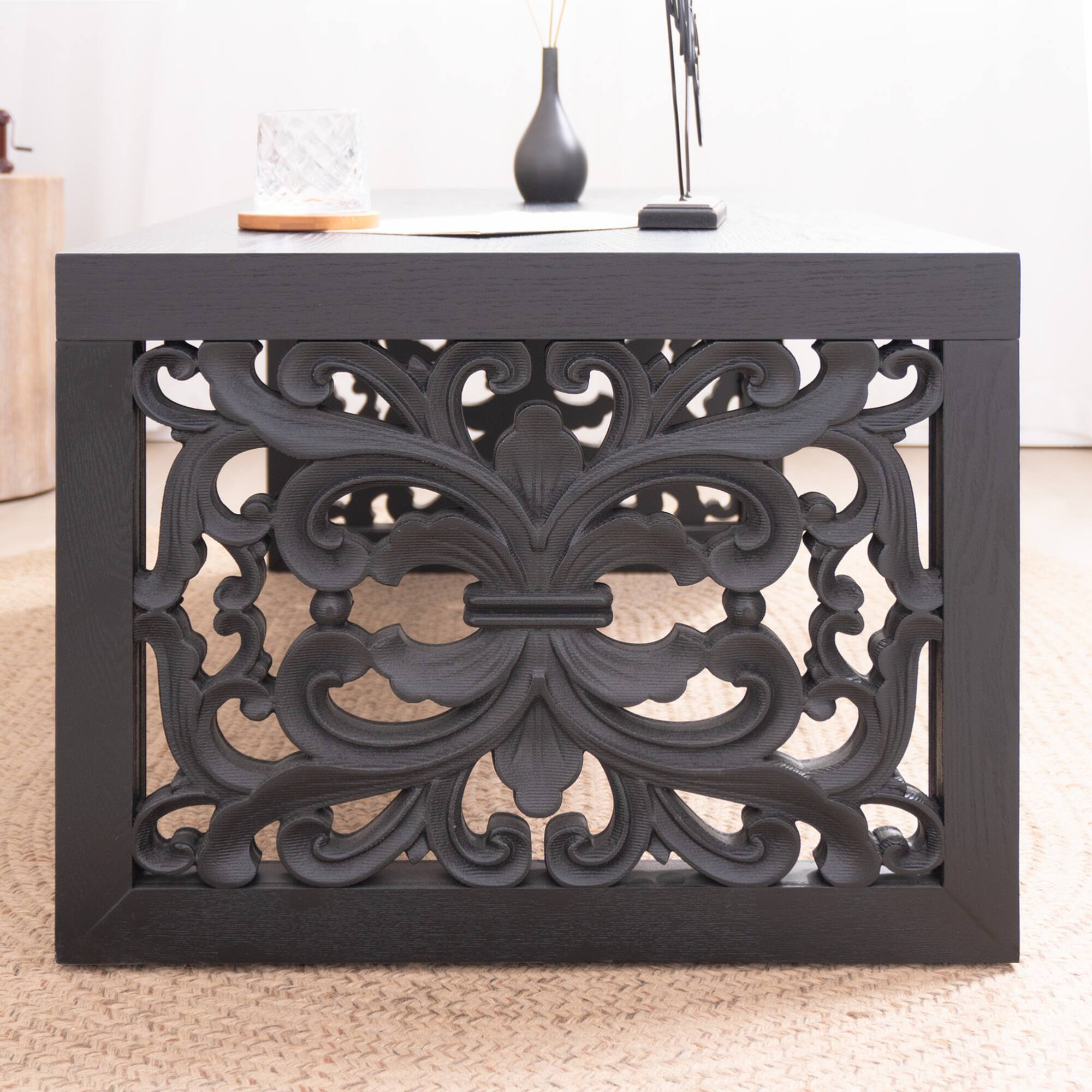 Back. GOODSILO - Handcrafted Rustic Wood Coffee Table with Ornate Side Panels and Natural Finish - Black.