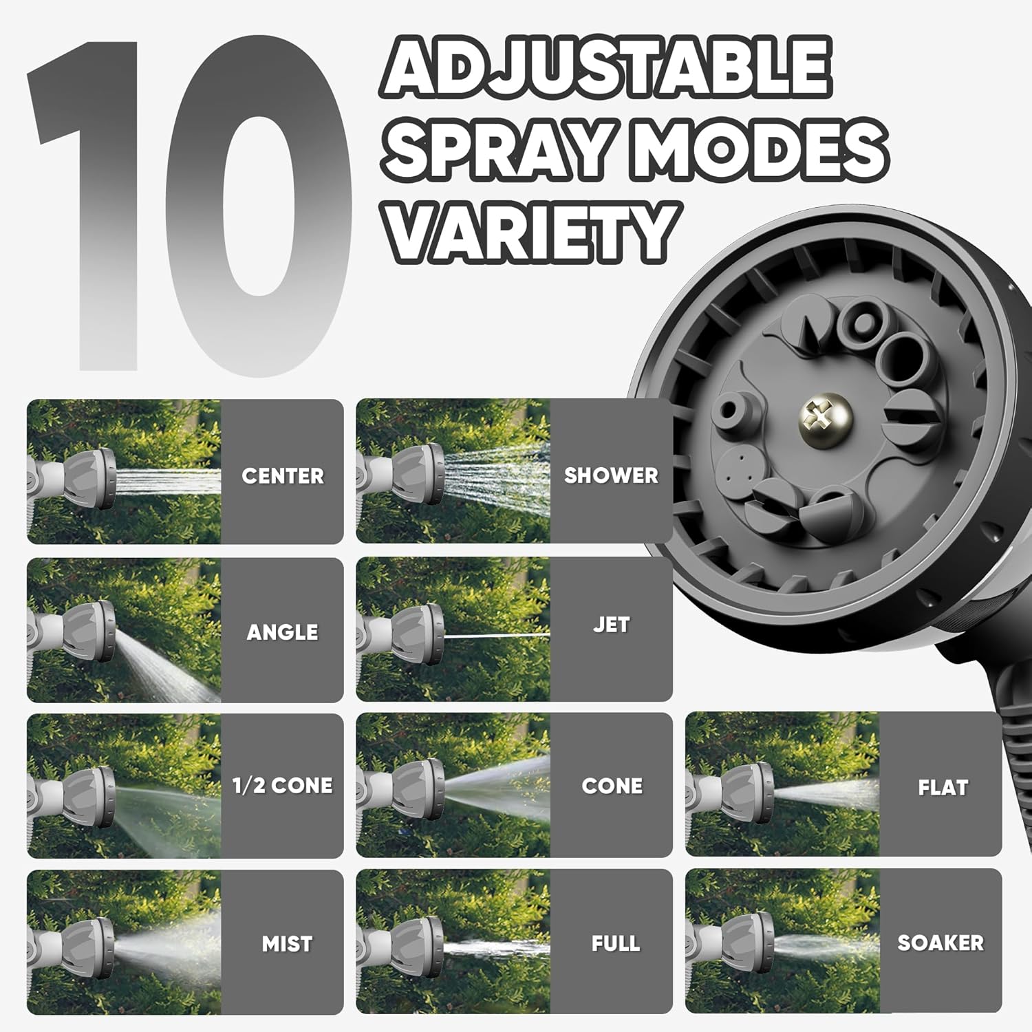 ADJUSTABLE SPRAY MODES  
10 VARIETY  
CENTER SHOWER ANGLE JET 1/2 CONE CONE FLAT MIST FULL SOAKER