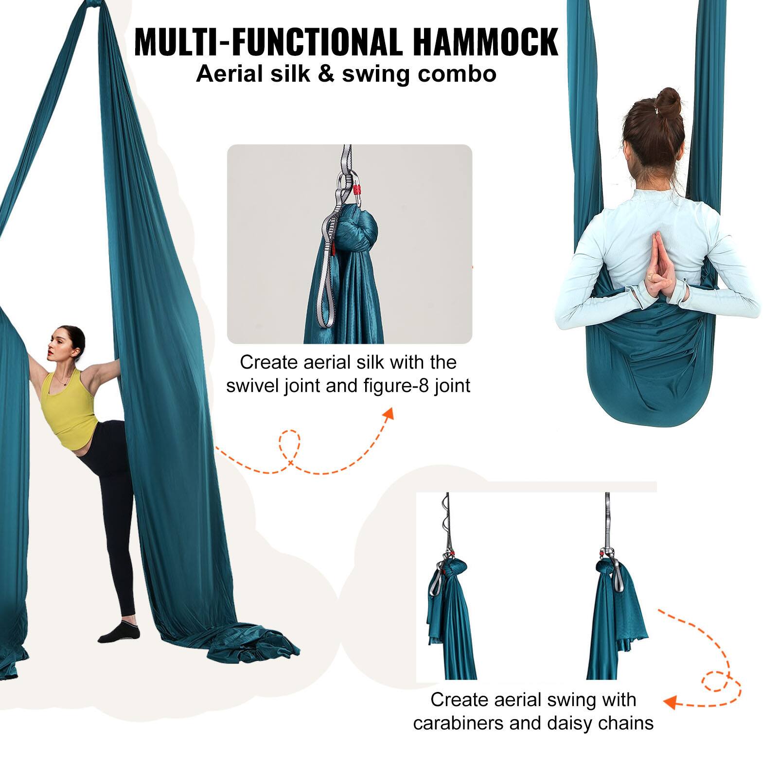 MULTI-FUNCTIONAL HAMMOCK  
Aerial silk & swing combo  

Create aerial silk with the swivel joint and figure-8 joint  

Create aerial swing with carabiners and daisy chains
