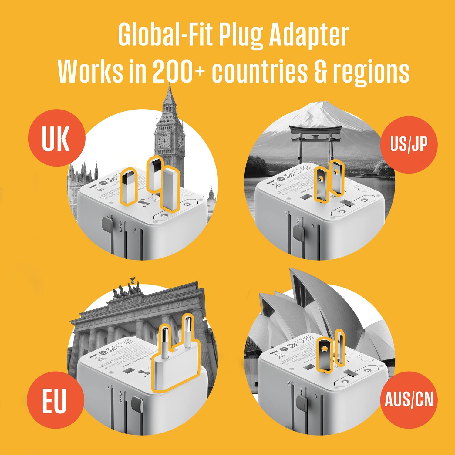 Global-Fit Plug Adapter Works in 200+ countries & regions

UK
US/JP
EU
AUS/CN