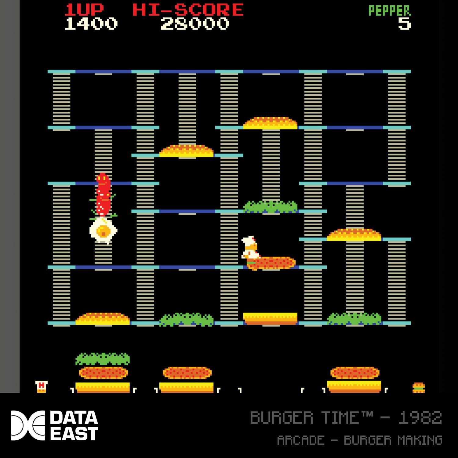 1UP HI-SCORE 1400 28000 PEPPER 5 H 1 DATA DE EAST 1 TM BURGER TIME - 1982 TIME 1982 ARCADE - BURGER MAKING