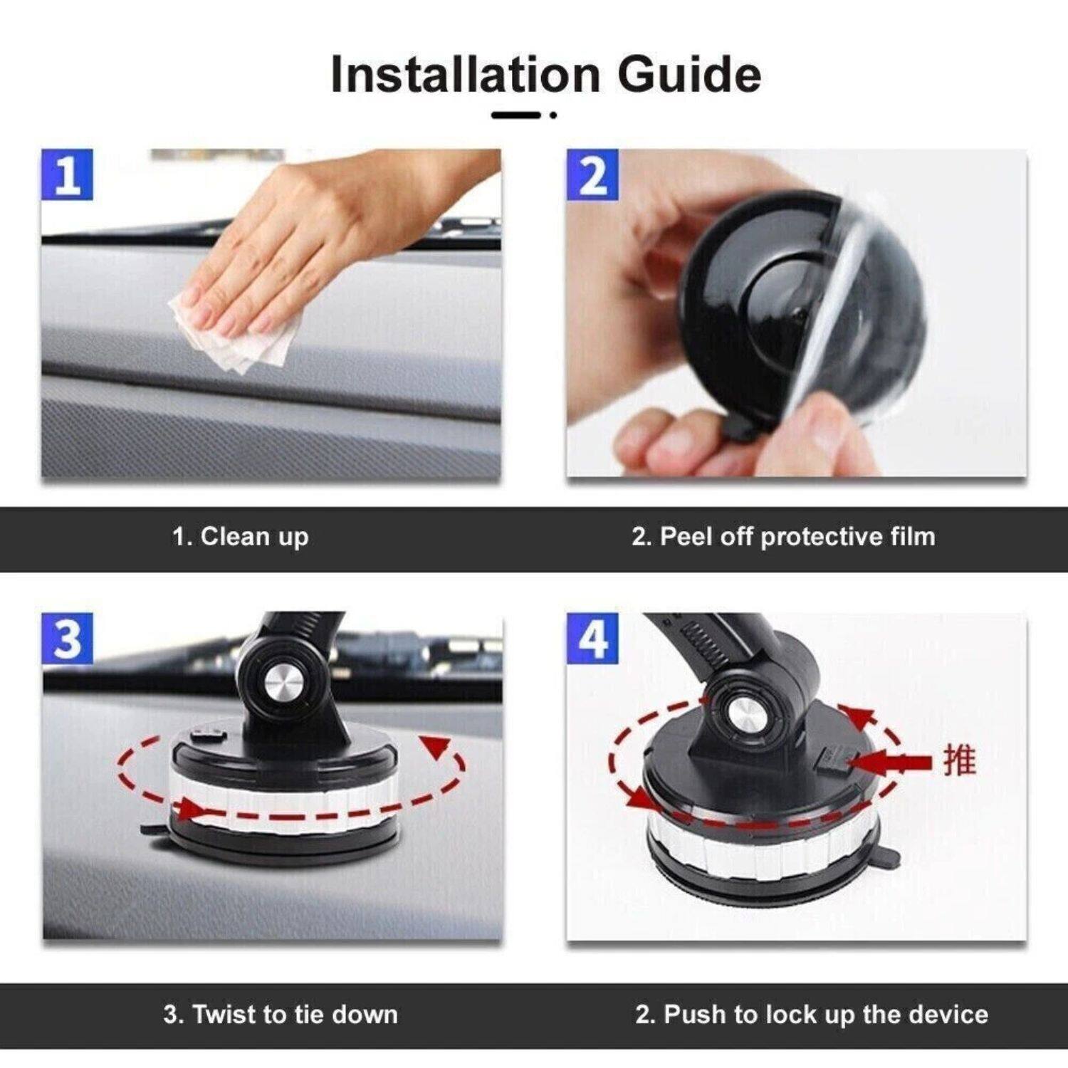 Installation Guide

1. Clean up
2. Peel off protective film
3. Twist to tie down
4. Push to lock up the device
