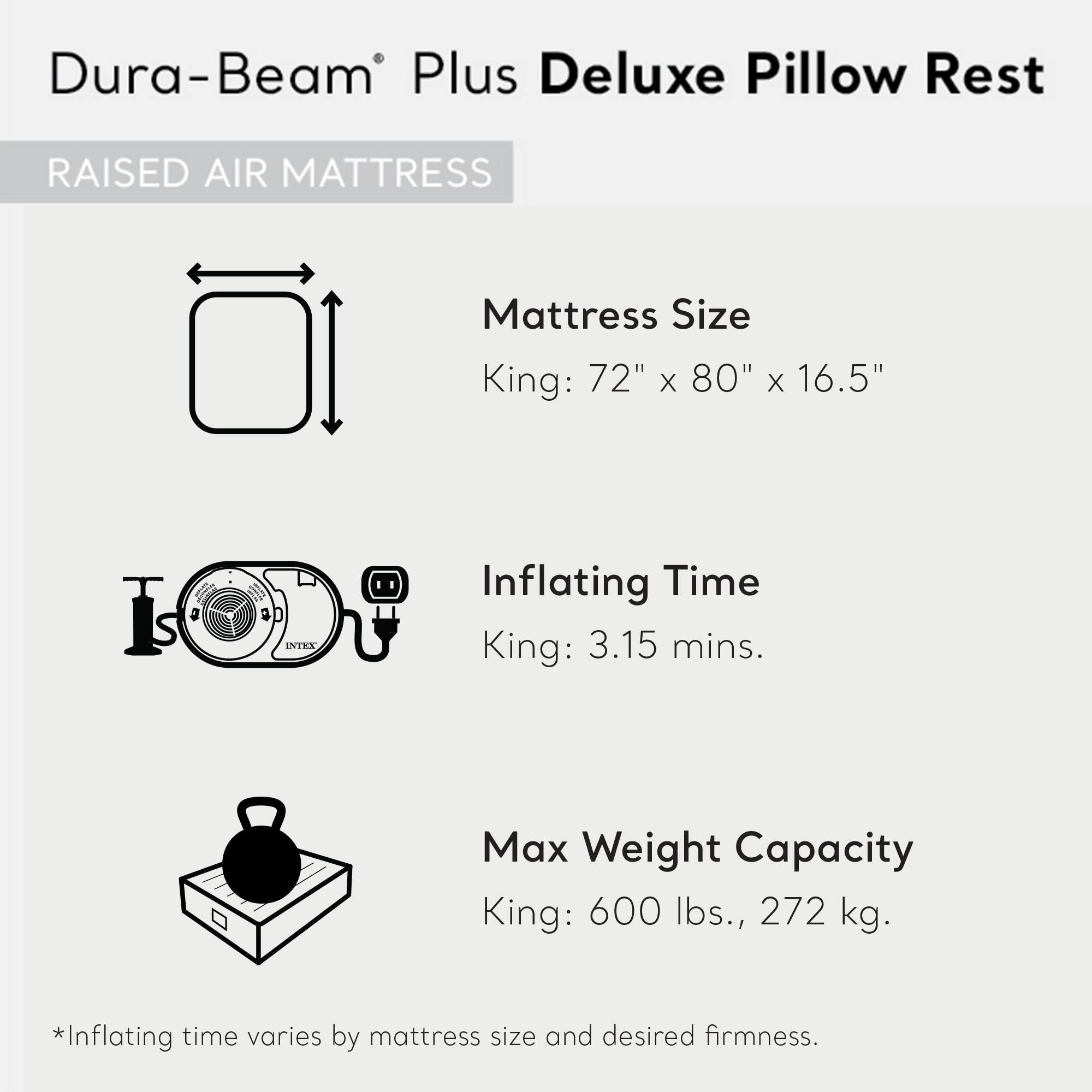 Dura-Beam® Plus Deluxe Pillow Rest  
RAISED AIR MATTRESS  

**Mattress Size**  
King: 72" x 80" x 16.5"  

**Inflating Time**  
King: 3.15 mins.  

**Max Weight Capacity**  
King: 600 lbs., 272 kg.  

*Inflating time varies by mattress size and desired firmness.