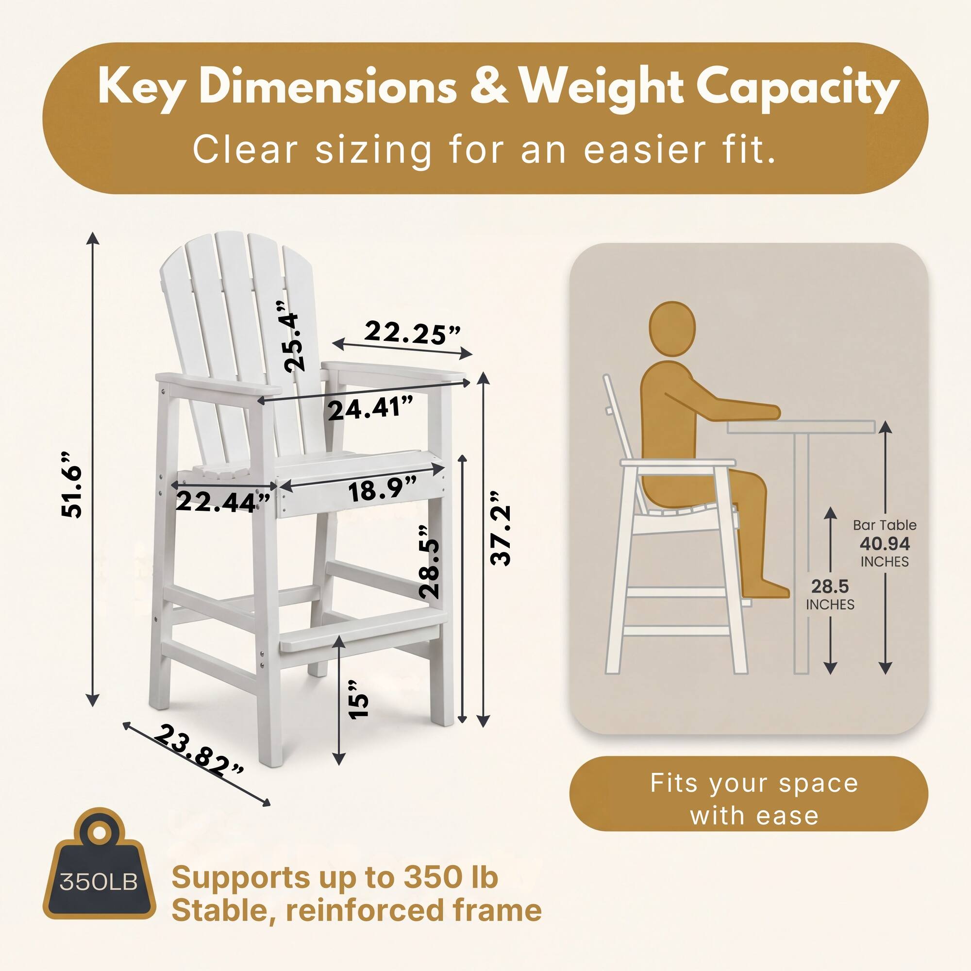 Key Dimensions & Weight Capacity  
Clear sizing for an easier fit.  

51.6"  
25.4"  
22.25"  
24.41"  
22.44"  
18.9"  
28.5"  
37.2"  

Bar Table  
40.94 INCHES  
28.5 INCHES  
23.82"  
15"  

Fits your space with ease  

Supports up to 350 lb  
Stable, reinforced frame