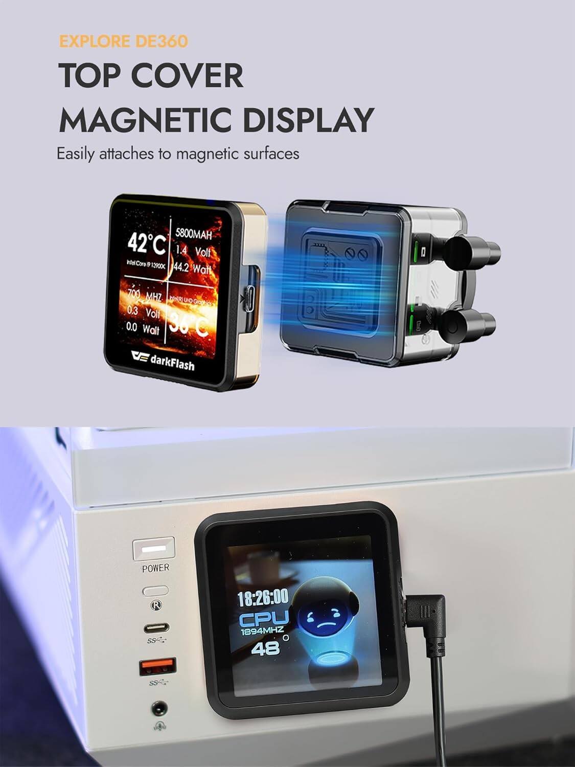 EXPLORE DE360  
TOP COVER  
MAGNETIC DISPLAY  
Easily attaches to magnetic surfaces  

5800MAH  
42C  
1.4 Volt  
NiCo Core 5  
129X  
44.2 Walt  
700 MHZ  
0.3 Volt  
0.0 Walt  
30C  
darkFlash  

POWER  
18:26:00  
CPU 1894MHZ  
48