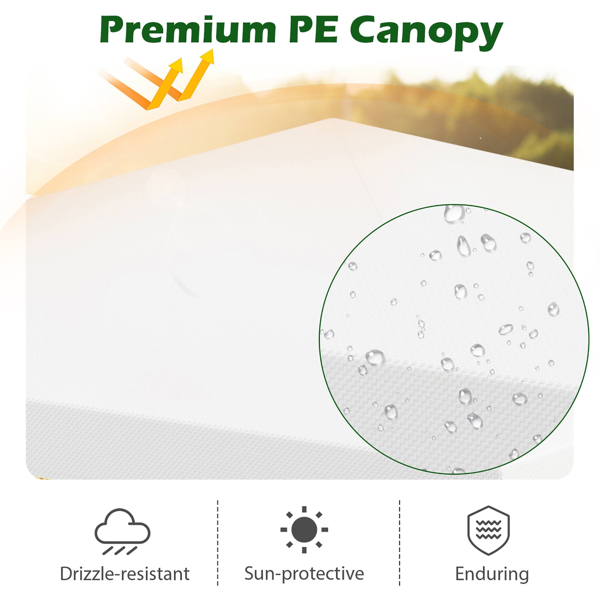 Premium PE Canopy: Drizzle-resistant, Sun-protective, Enduring.