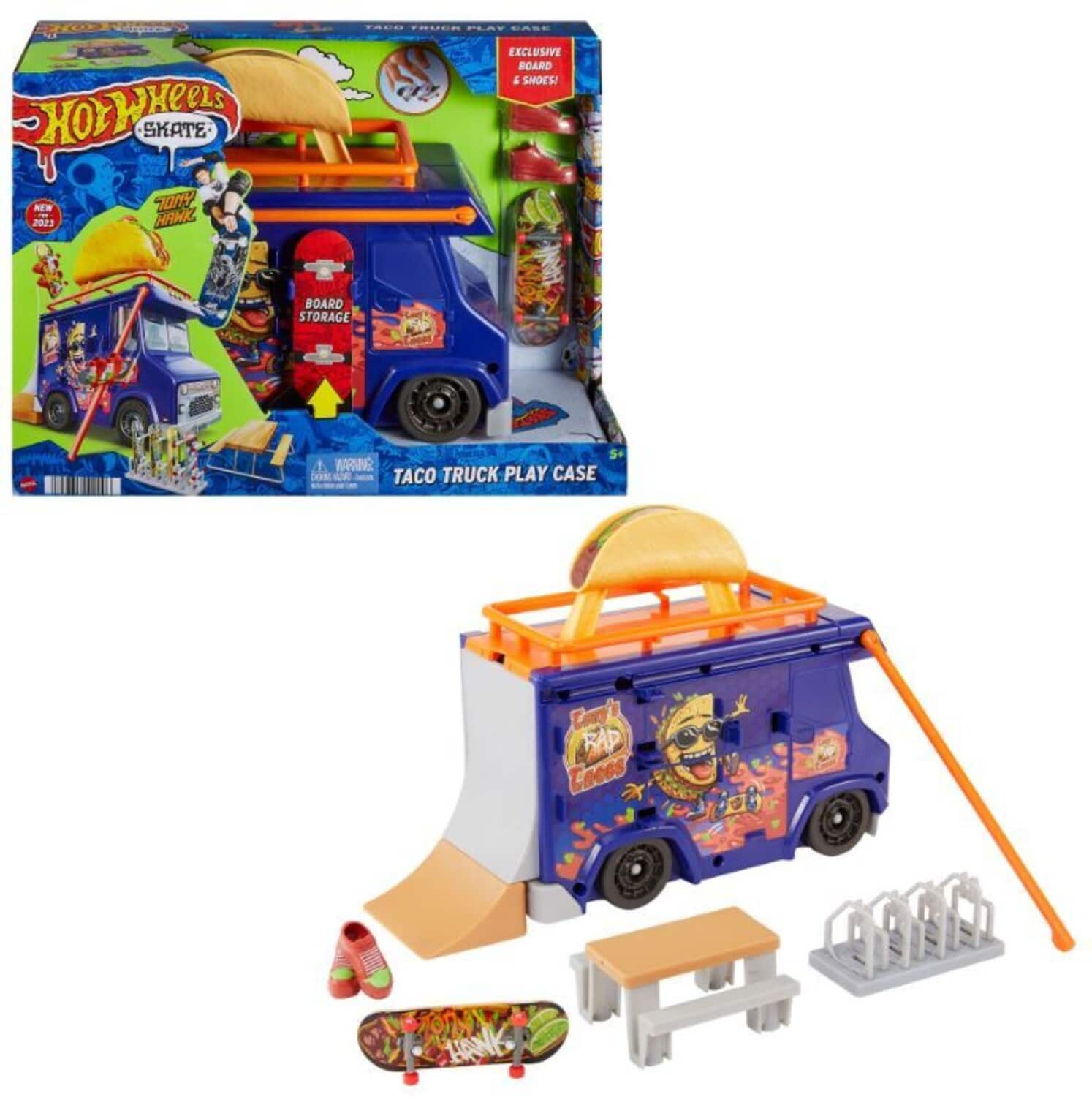 Tony Hawk - Mattel - Hot Wheels Skate Tony Hawk Moment Taco Truck Play Case, Fingerboard and Shoes - COLLECTABLES - Multicolor