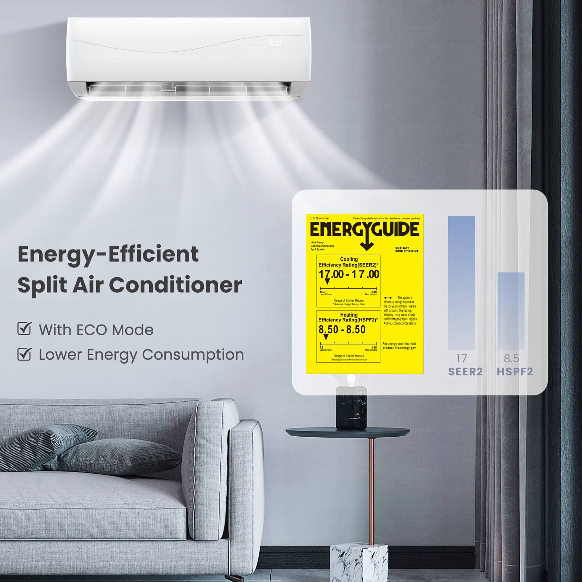 Energy-Efficient Split Air Conditioner

With ECO Mode
Lower Energy Consumption

Energy-Efficient
Cooling Rating(SEER2) 17.00-17.00
Heating Efficiency Rating(HSPF2) 8.50-8.50

17 SEER2
8.5 HSPF2