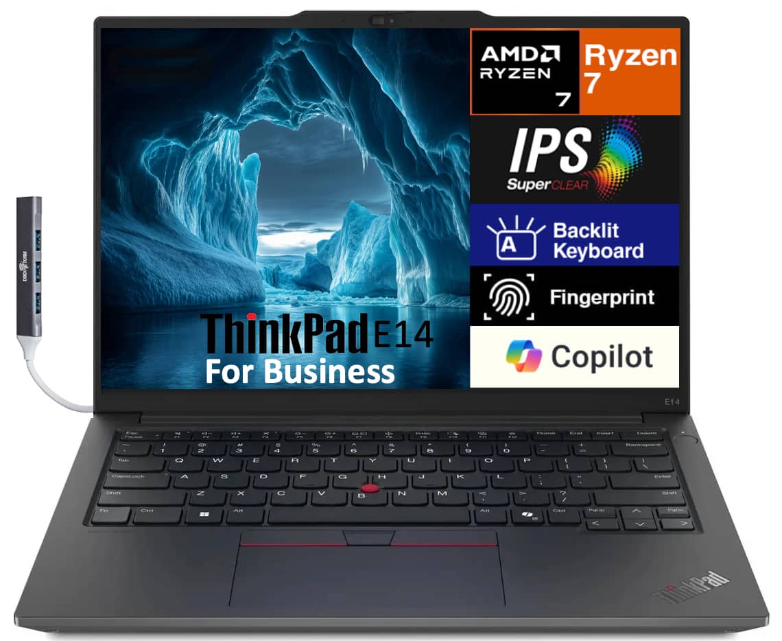 Lenovo - ThinkPad E14 Laptop 14.0 WUXGA (AMD Ryzen 7 7735U, 16GB DDR5, 512GB M.2 PCIe SSD, Win 11 Pro) w/USB Hub - Black