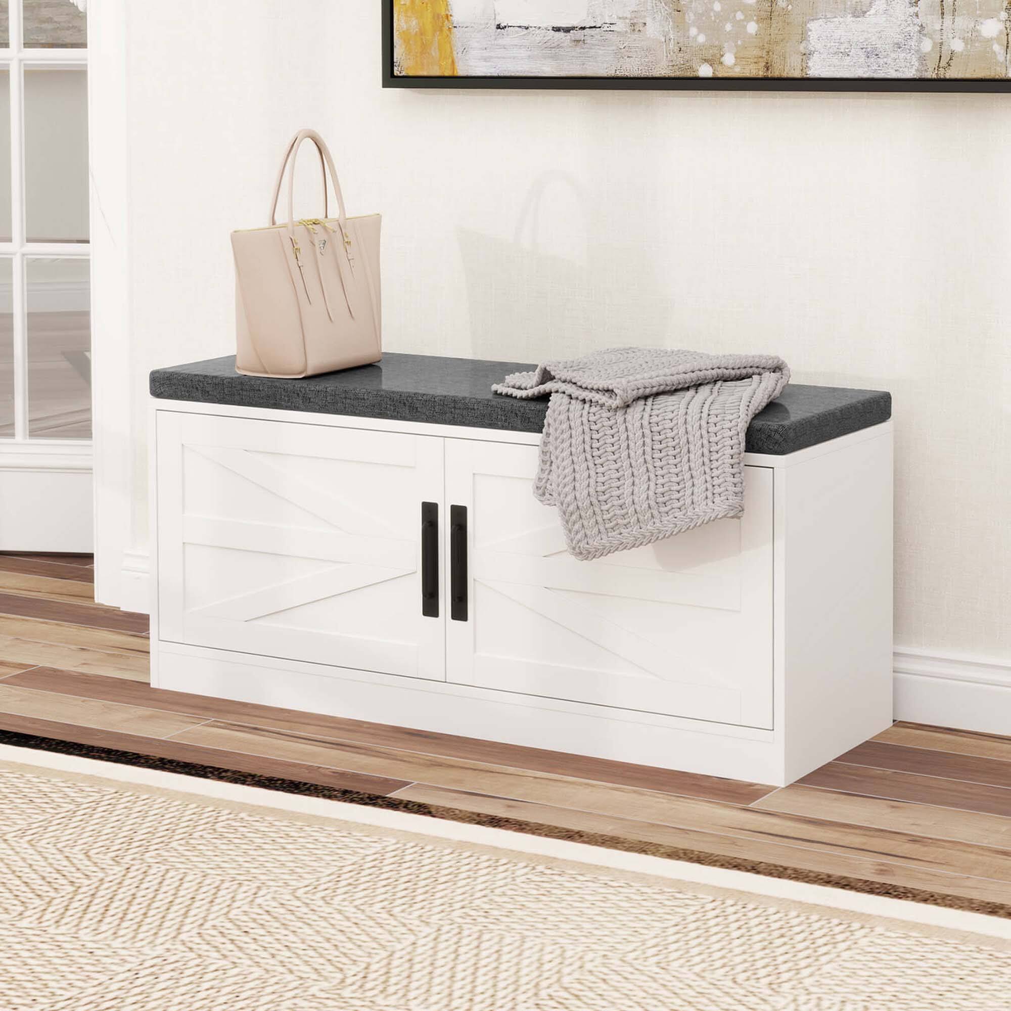 Alt View 1. Costway - Costway Shoe Bench Farmhouse Shoe Rack Organizer with Cushion 2 Doors 2 Adjustable Shelves - White.