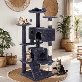 Bestier - 54-Inch Multi-Level Cat Tree with Scratching Posts and Dangling Jingle Ball, Plush Cat Climbing Tower for Indoor Cats - Dark Blue