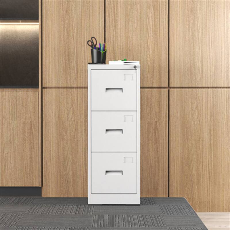 Angle. HTUTWOO - Metal Vertical File Cabinet with Lock - 3 Drawer Narrow File Cabinet with Card Slot, A4 Size Files, Assembly Required - White.