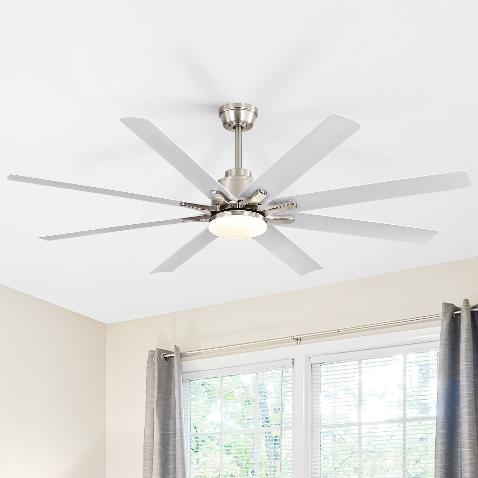 Left. Sofucor - 52" Smart Ceiling Fans Alexa/Google/App Control Reversible Quiet DC Bedroom Farmhouse Ceiling Fan with Light and Remote - Nickel White.