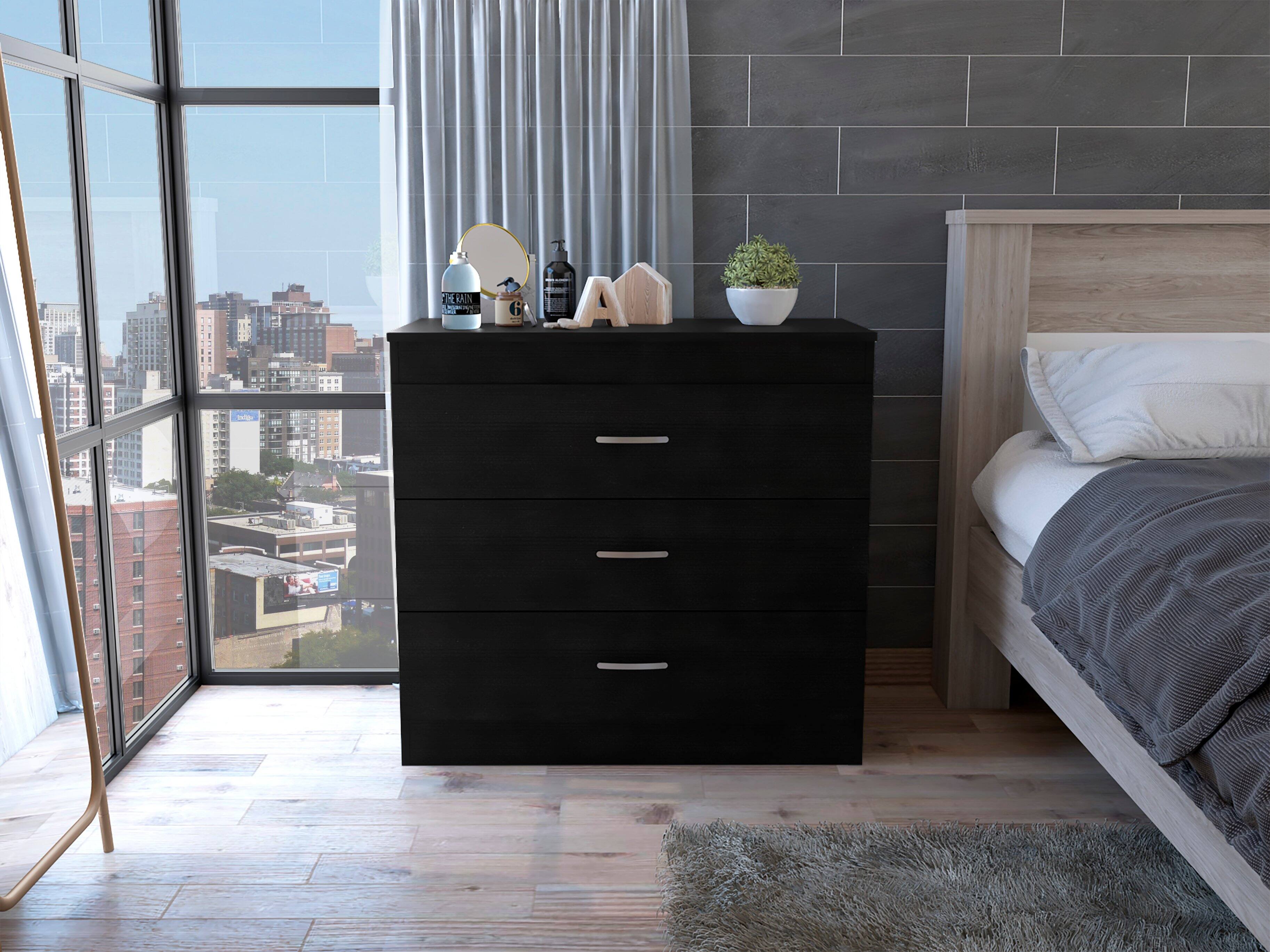 Angle. TuHome - Melia Three Drawer Dresser, Superior Top, Metal Hardware - Black.