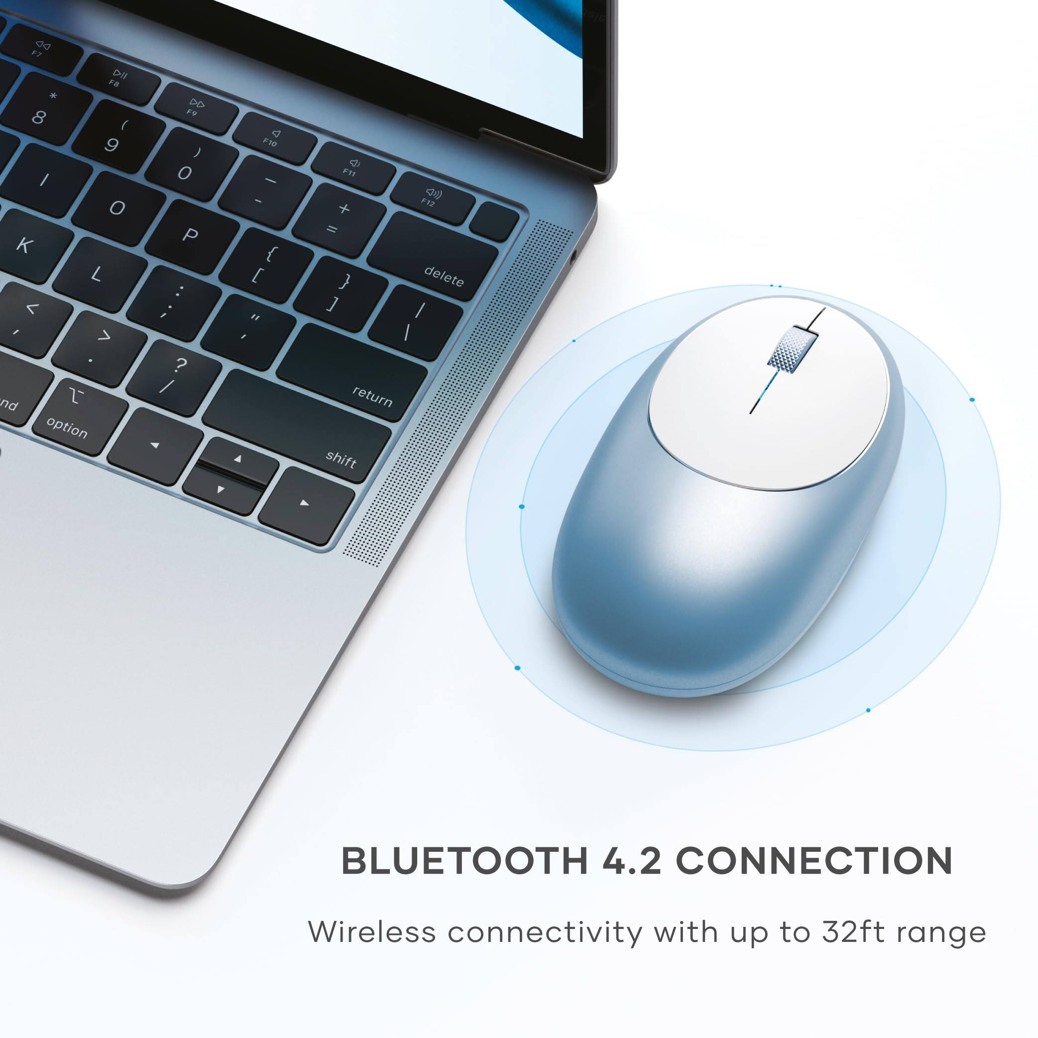 DO DU FR . 8 ( 9 I O K L < F > nd t option | DO ** I O P r ? / - Y e F10 - - { [ " . A di F  + F12 I } delete ] I I return shift BLUETOOTH 4.2 CONNECTION Wireless connectivity with up to 32ft range