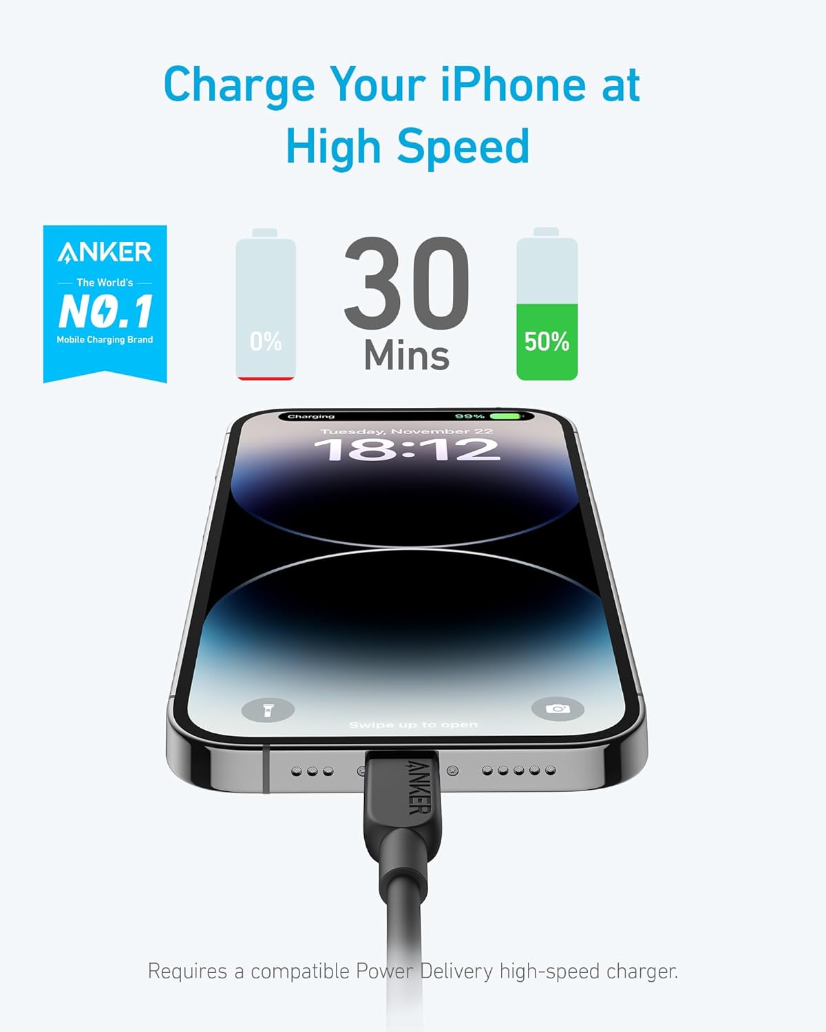 Charge Your iPhone at High Speed

ANKER
The World's No.1 Mobile Charging Brand

30 Mins
0% 50%

Tuesday, November 22 18:12

Swipe up to open

Requires a compatible Power Delivery high-speed charger.