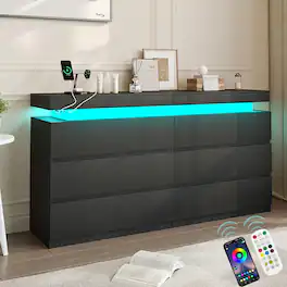 Vipbear - 6-Drawer Dresser with Sliding Desktop & Power Outlet - Storage Cabinet with LED Lights - Black