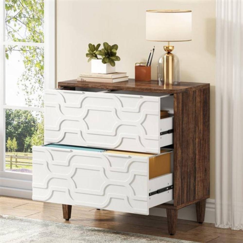 Angle. Hivvago - Modern Brown/White Wood 2 Drawer Filing Cabinet Printer Stand - Brown, White.