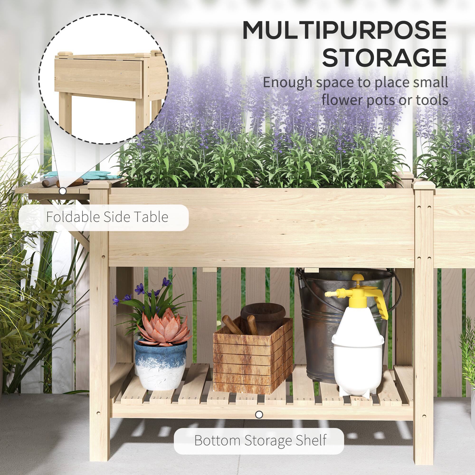 MULTIPURPOSE STORAGE  
Enough space to place small flower pots or tools  

Foldable Side Table  

Bottom Storage Shelf