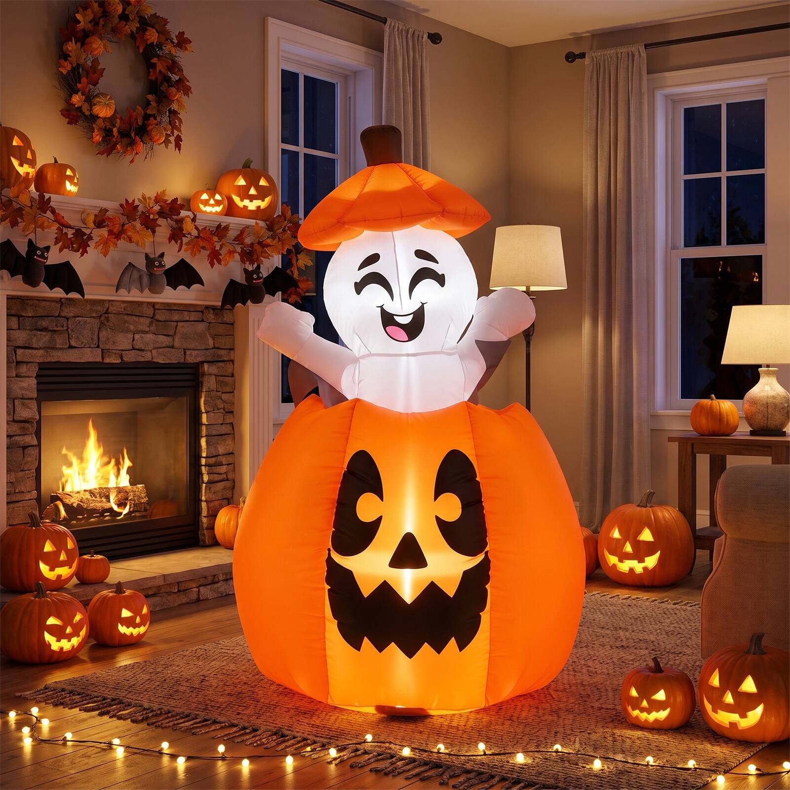 Alt View 5. Costway - Costway 5 FT Animated Halloween Inflatable Pumpkin & Rising Ghost with Built-in LED Lights - Orange + White.