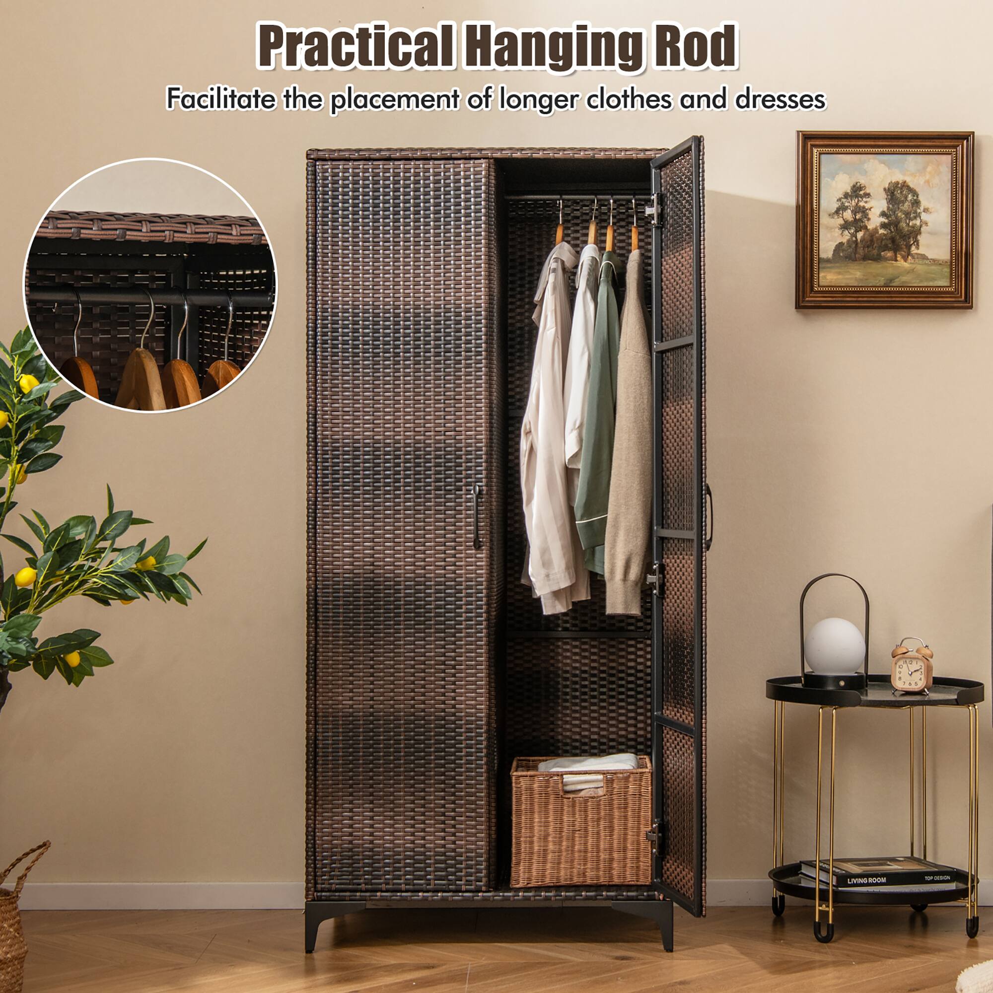 Practical Hanging Rod  
Facilitate the placement of longer clothes and dresses