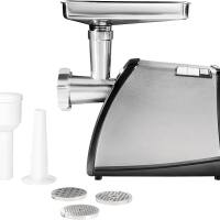 Angle. Breezary - Electric Meat Grinder and Sausage Stuffer, 570W Stainless Steel Home Grinder with 3 Grinding Plates and Reverse Function - Black and metallic.