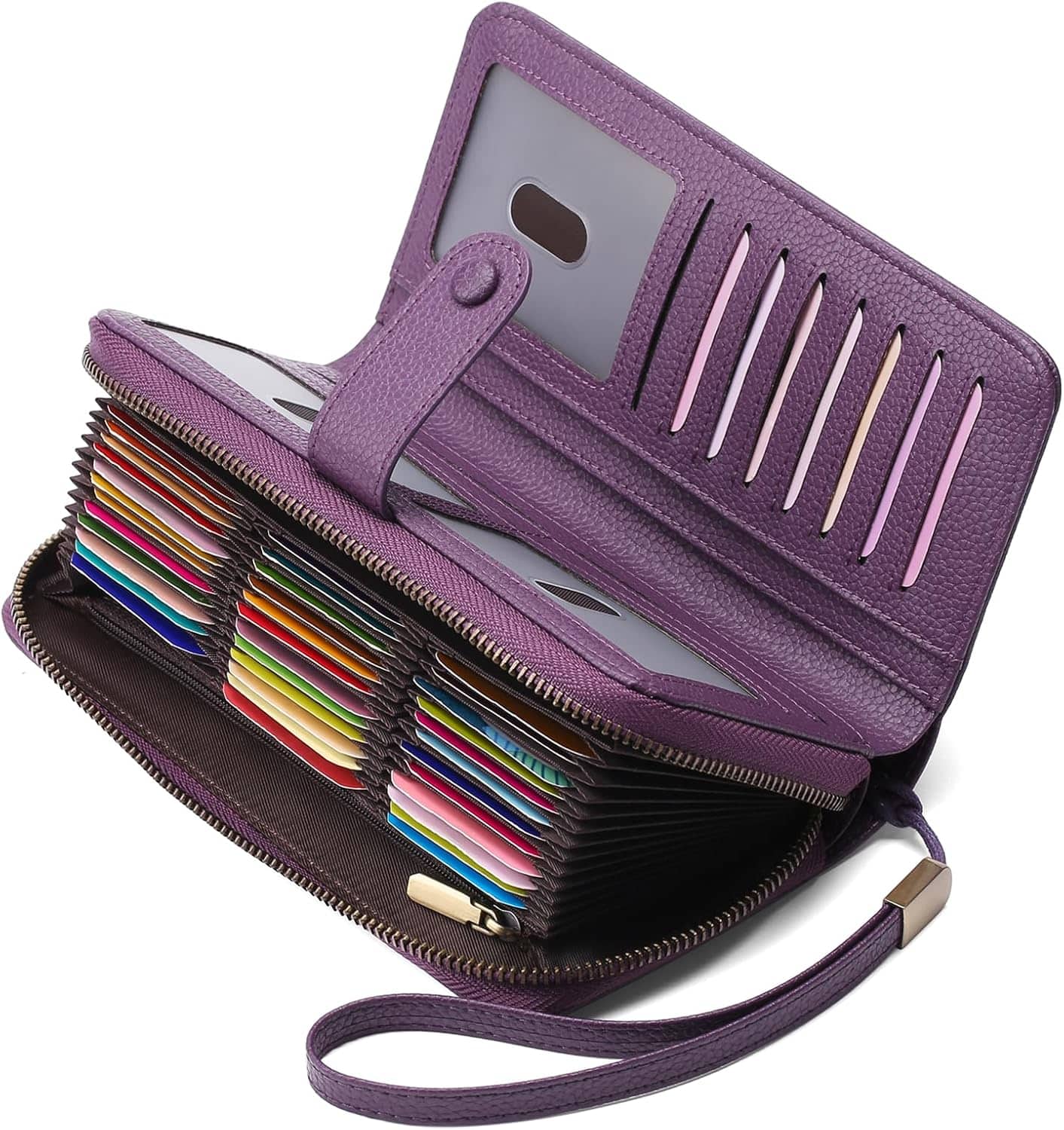 ZUQIETA - Women's Leather RFID Card Holder - 45 Slot Bifold Wallet with Zipper & Wristlet - Purple