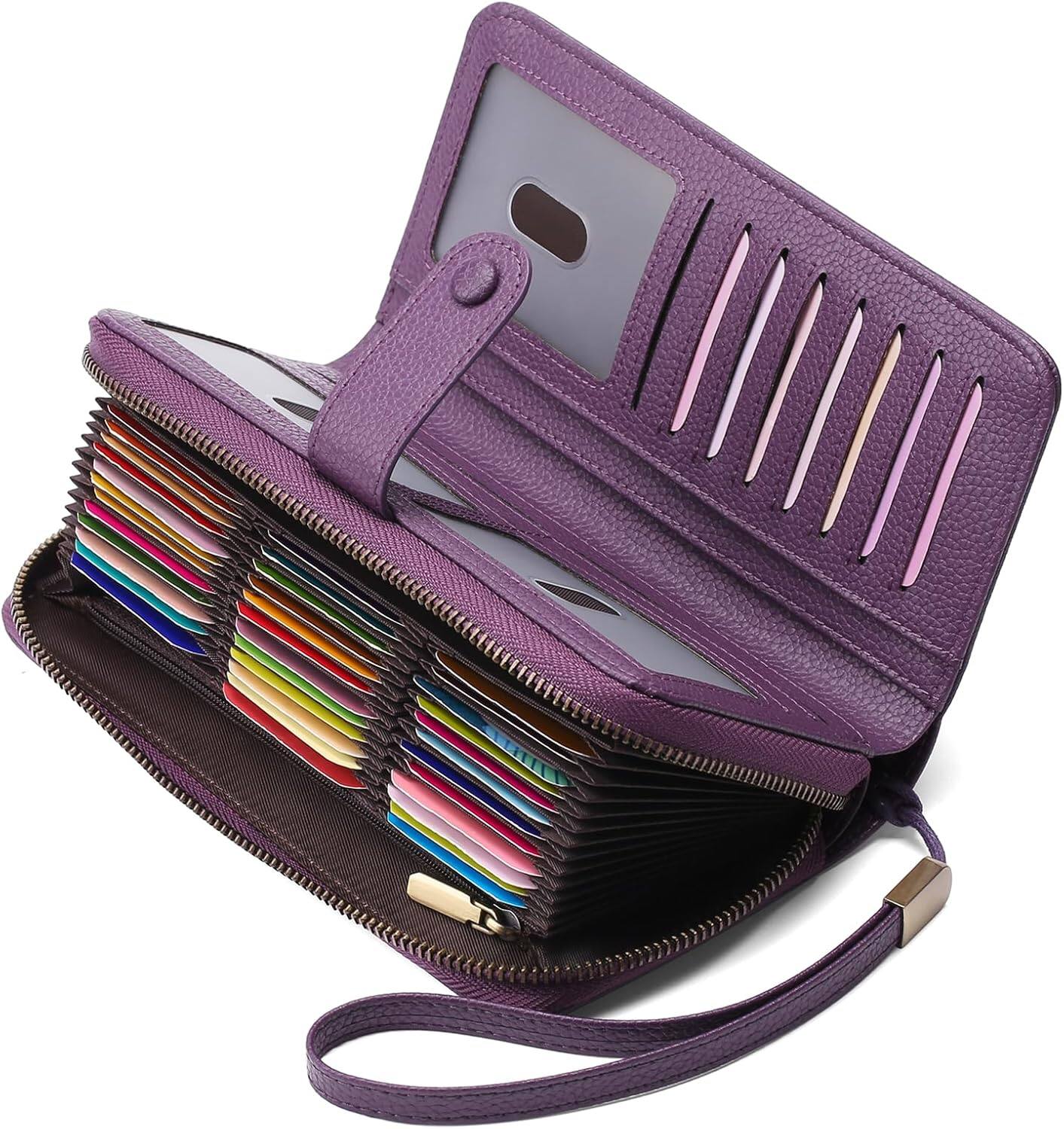 Front. ZUQIETA - ZUQIETA Women's Leather RFID Card Holder - 45 Slot Bifold Wallet with Zipper & Wristlet - Purple.